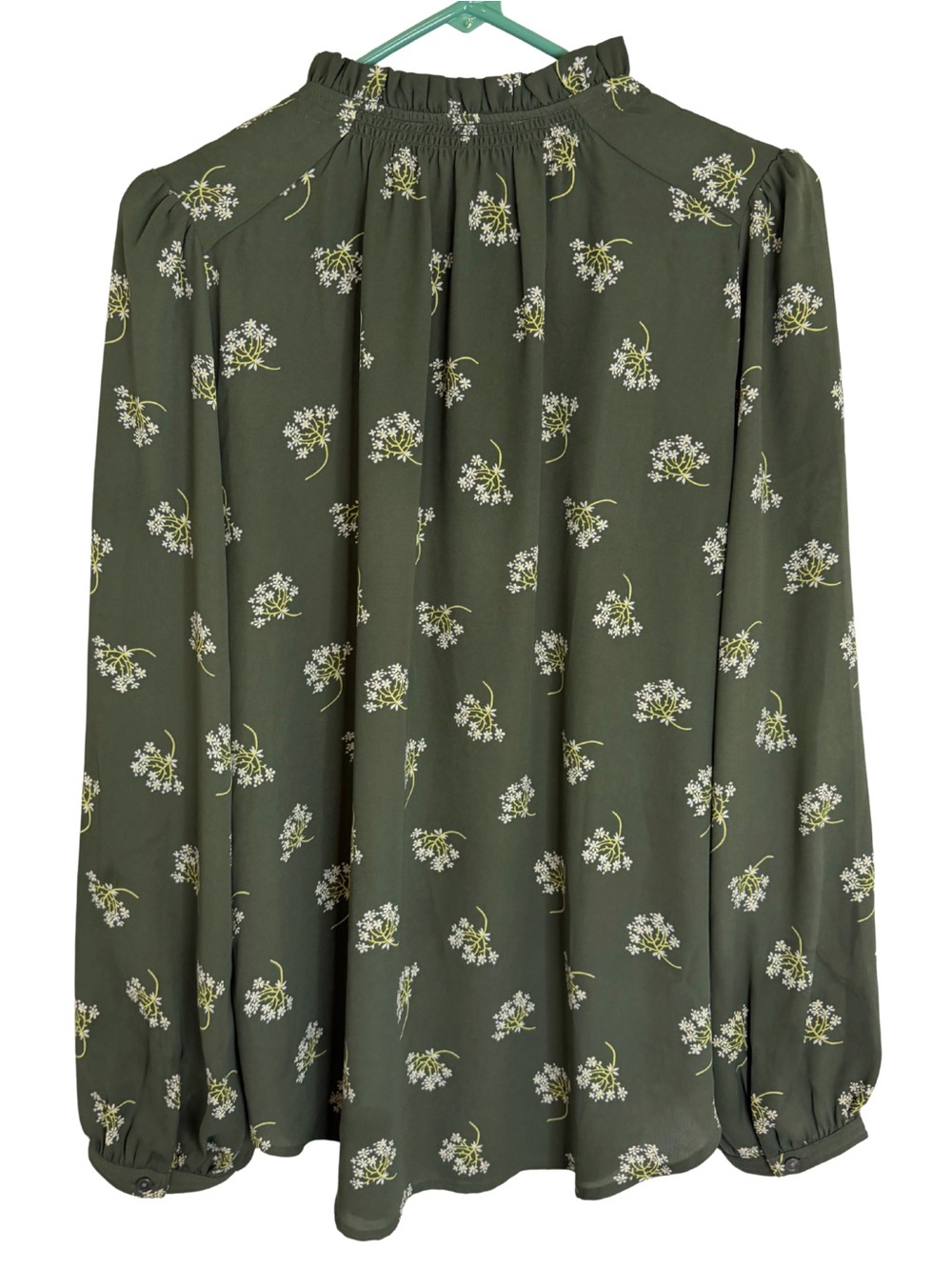 3/$20 LOFT Olive Green Floral Ruffle Neck Long Sleeve Blouse - Picture 2 of 5